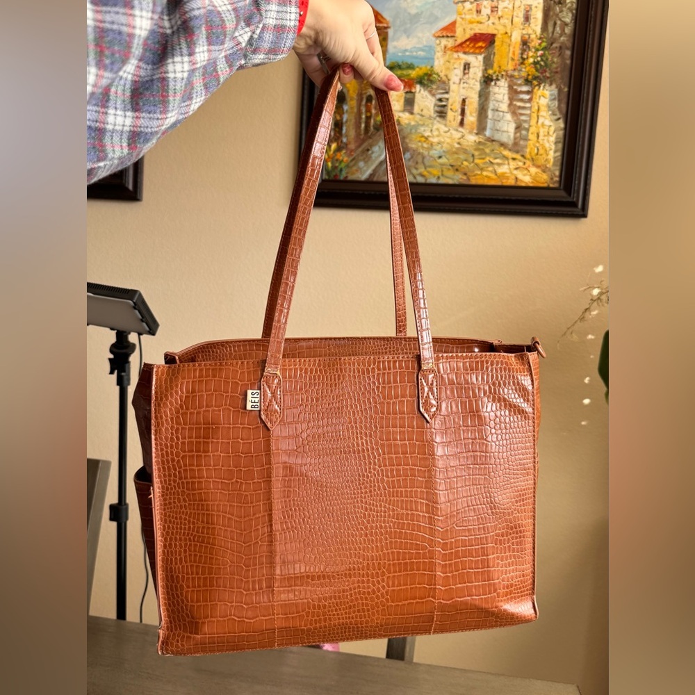BEIS Croc-Embossed Saddle Brown Tote